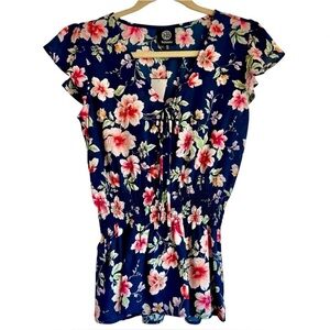 NWT Bobeau Navy Floral Print Blouse Summer Peplum Smocked Waist Top Size XS